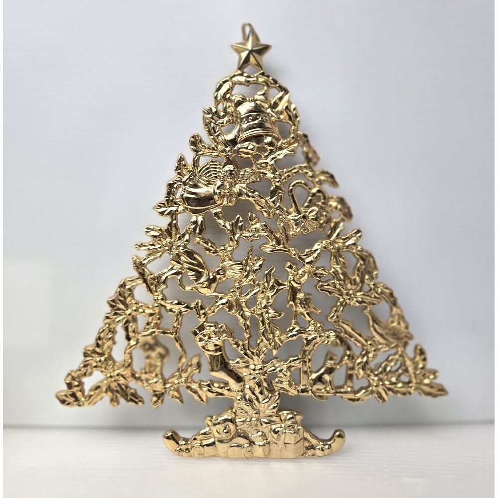 Vintage Gold Plate Christmas Tree Trivet Metal Wall Art Plaque Filigree 9.75”